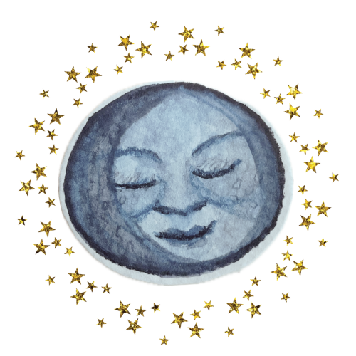 Watercolor illustration of a moon with a face that has its eyes closed. The color of the moon is blue with dark blue details and a grey shadowing on the left side like a crescent. Gold foil stars surround the moon.